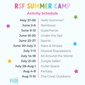 summer camp schedule outlining the themes for each week