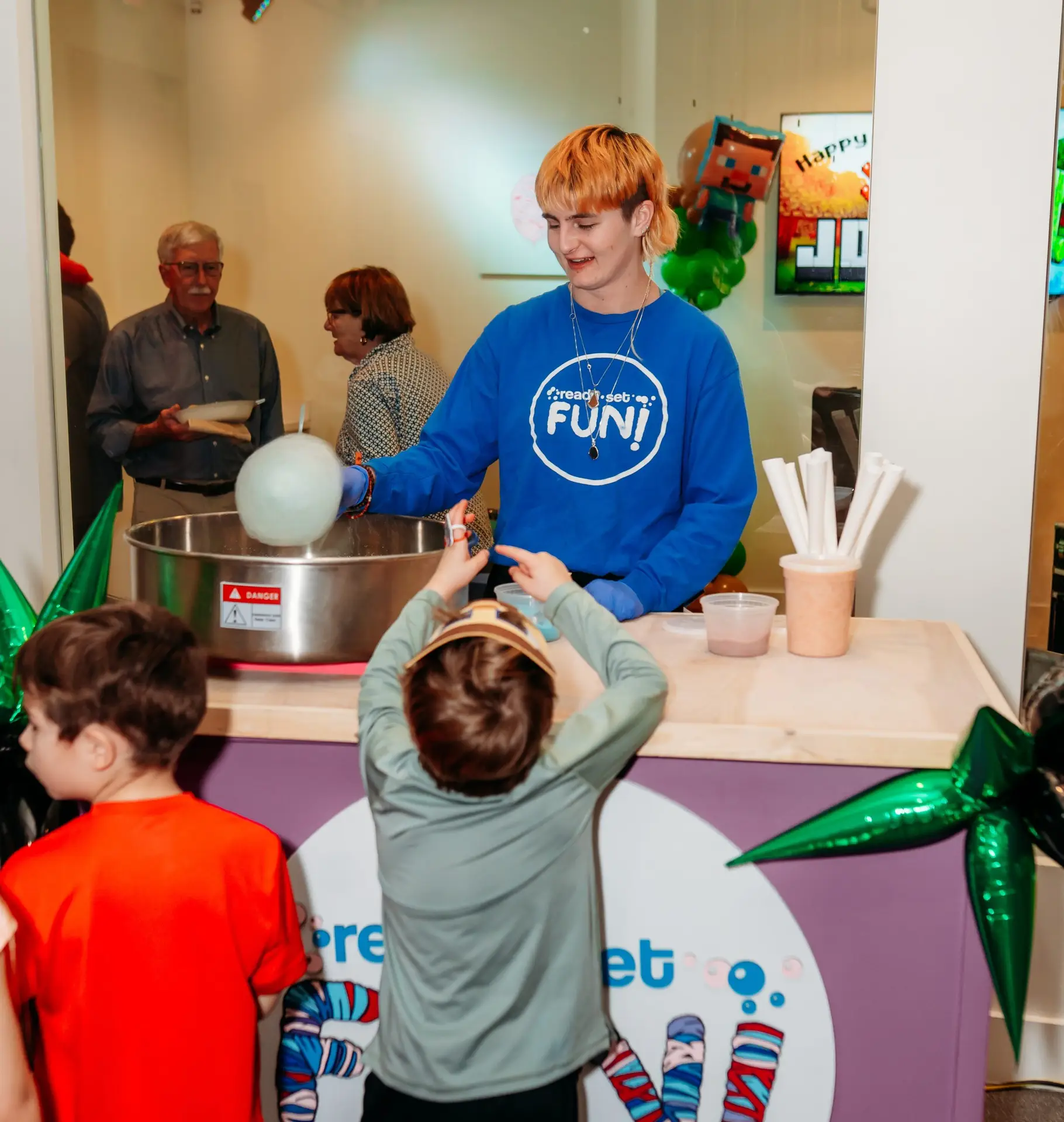 cotton candy cart at six year old kids birthday party at indoor playground sandy springs