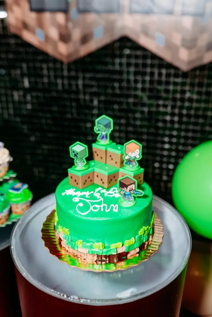 Minecraft themed cake at six year old kids birthday party at Ready Set Fun in Sandy Springs