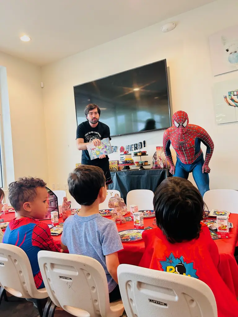 Superhero character entertaining kids at birthday party at Ready Set Fun indoor playground in Sandy Springs