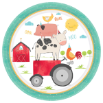 dinner plate with barnyard setting. aquamarine rim with red barn, red tractor, cow, pig, rooster and chicken