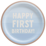 light blue dinner plate that says Happy First Birthday