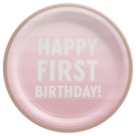 pink dinner plate that says Happy First Birthday