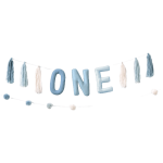 light blue and white first birthday string banner with tassels