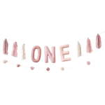 Pink string banner that says One with pink and white tassels.